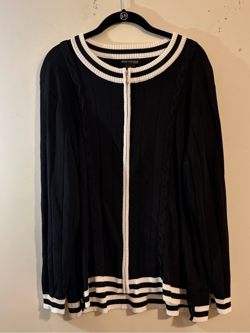 Grace Dane Lewis black zip cardigan sweater white striped trim women’s 2X